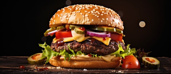 Poster - Savory Double Patties Hamburger with Lettuce, Cheese, and Pickles on Stylish Dark Background