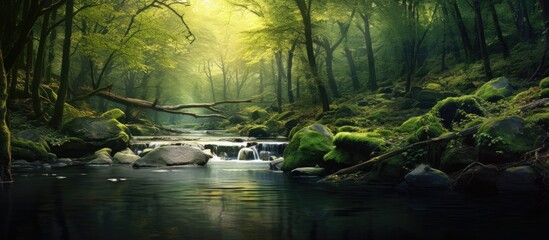 Poster - Tranquil Stream Flowing Through Enchanting Forest in a Serene Nature Landscape