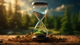 Fototapeta  - Time concept. Hourglass with sand and green plant on nature background