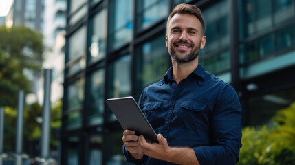 Canvas Print - man smiling and engaging with a tablet