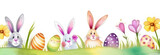 Fototapeta Miasta - Watercolor Easter border with Easter bunnies, eggs, flowers and green grass.