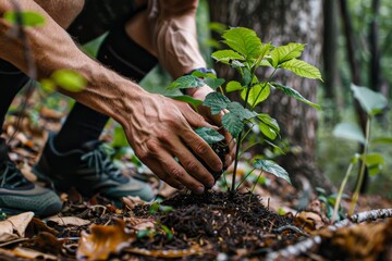 Canvas Print - A man is planting a tree in the woods. The man is wearing black socks and a green shirt