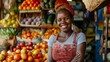 African American fruit shop owner, smiling, small fruit business owner selling fresh produce and organic products at the market.