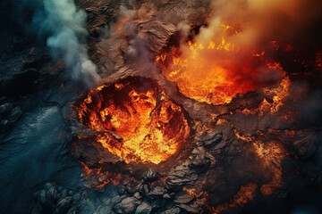 Wall Mural - volcano eruption from a bird view. volcano crater and magma flow shot from above. genertated ai.