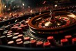Roulette wheel catching falling cubes with selective focus on poker chips in casino