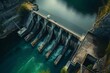A majestic hydro dam, captured in all its engineering marvel, towering over the landscape with cascading water, symbolizing renewable energy prowess.