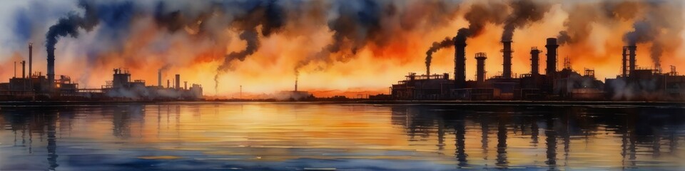Wall Mural - Abstract watercolor illustration on ecological theme about pollution by factories, background for social media banner, website and for your design, space for text	