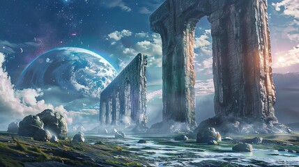 Wall Mural - a beautiful and mysterious landscape with a large planet in the background and a bridge in the foreg