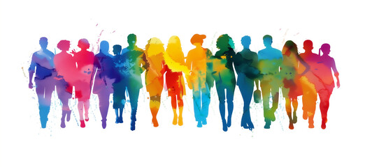 Isolated watercolor painting of silhouette of diverse people. LGBT community. Pride Month. 