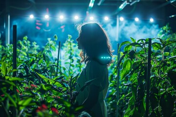 Poster - A woman stands in a greenhouse with plants. The plants are illuminated by lights, and the woman is holding a plant. Scene is serene and peaceful, as the woman is surrounded by nature