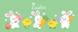 Happy Easter day background vector. Cute wallpaper of lovely white rabbit, easter eggs, bunny, flower, carrot, basket, chick. Spring holiday illustration for banner, greeting card, social media.