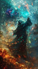 Sticker - A man in a black robe is holding a wand and casting a spell. The scene is set in a colorful, fantastical world with a mix of orange, blue, and green hues. The atmosphere is mysterious and magical