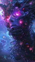 Canvas Print - A person with purple eyes and purple hair is surrounded by a galaxy of stars. The image is a work of art that evokes a sense of wonder and awe at the vastness of the universe