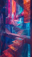 Canvas Print - A colorful staircase in a building with a blue and red color scheme