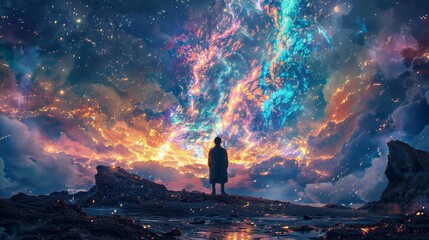 Wall Mural - A man stands on a rocky shore looking out at a colorful sky. The sky is filled with stars and a rainbow-colored cloud. The man is in awe of the beauty of the scene