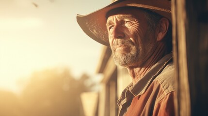 Poster - A man wearing a hat looks out of a window. Suitable for lifestyle or curiosity concepts