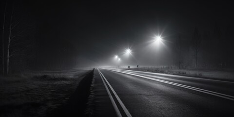 Aufkleber - A dark, atmospheric image of a road at night. Ideal for transportation or travel concepts