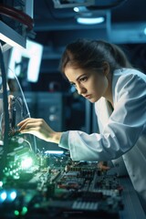 Poster - A woman in a lab coat working on a computer. Ideal for science and technology concepts