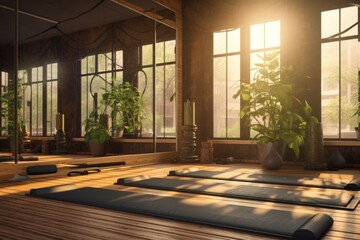Wall Mural - A yoga studio with mats and a potted plant, suitable for wellness and fitness concepts
