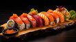 Fresh salmon sushi on wooden plate on black background
