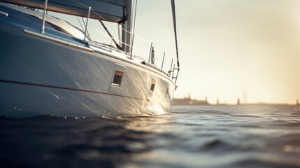 Poster - A picturesque scene of a sailboat on the water with a city in the background. Ideal for travel and tourism concepts