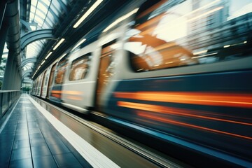 Poster - A blurry image of a train approaching on the tracks. Ideal for transportation concepts