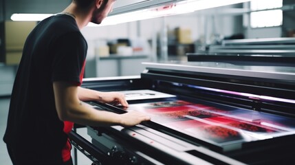 Poster - A man standing in front of a large print machine. Suitable for printing industry concepts