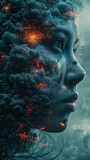 Fototapeta Kosmos - A woman's face is shown with a lot of fire and smoke surrounding her. The image has a dark and ominous mood, with the woman's face looking sad and defeated