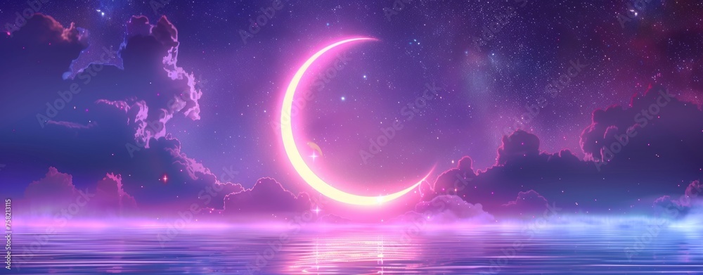 Large Cresent Moon Big crescent moon night background, glowing stars Stock Photo | Adobe Stock
