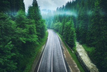 Wall Mural - aerial view of road in beautiful green forest in low clouds in rainy summer day. moody landscape wit