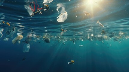 Poster - Plastic bags floating in the ocean, environmental issue awareness