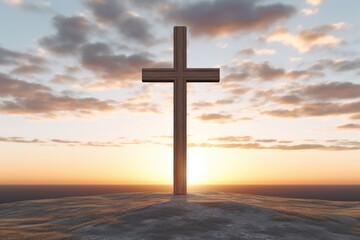 Aufkleber - A cross standing on top of a hill at sunset. Ideal for religious concepts or spiritual themes