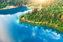 Aerial View Of Road Near Blue Lake, Green Forest At Sunrise In Summer. Bled Lake, Slovenia. Travel. Top View Of Beautiful Road, Trees In Spring. Landscape With Highway And Sea Bay. Road Trip. Nature