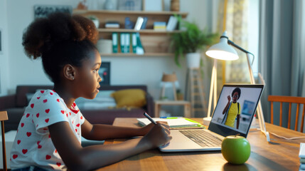 Wall Mural - young girl engaged in an online learning session, writing notes while participating in a video call with a teacher on her laptop at a home study setup