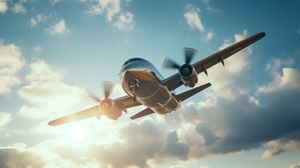 Poster - A small propeller plane flying through a cloudy sky. Suitable for aviation or travel concepts