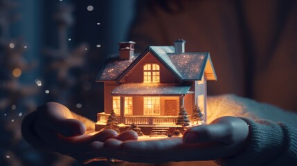 Poster - Person holding a miniature house, suitable for real estate concepts