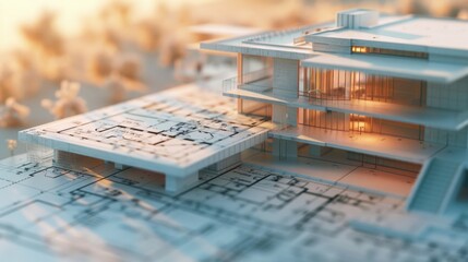 Poster - House model sitting on top of a blueprint, suitable for real estate concepts
