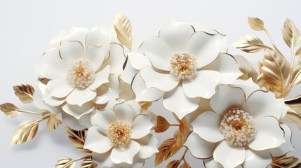 Poster - A bunch of white flowers with gold leaves, suitable for elegant designs