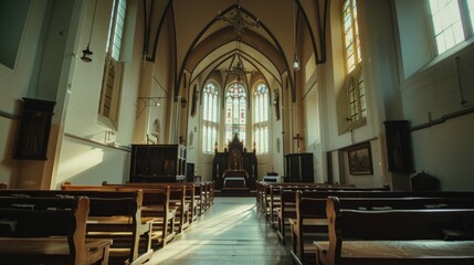 Poster - Interior of a church with wooden pews, perfect for religious and spiritual themes