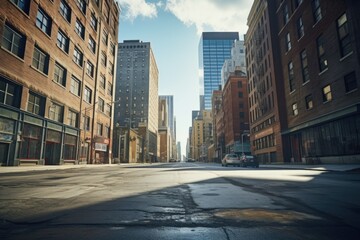 Poster - Urban cityscape with car driving down street, suitable for transportation concepts