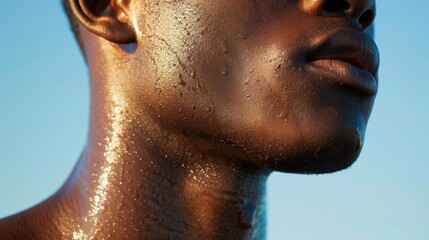 Poster - Close up of a man's face with a blue sky in the background. Suitable for various concepts and designs