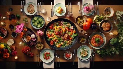 Poster - Plates of food on a wooden table, suitable for food blog or restaurant promotion