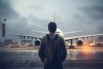 Poster - A man standing in front of an airplane at an airport. Suitable for travel and transportation concepts