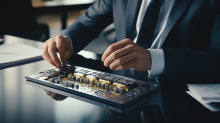 Aufkleber - A man in a suit working on a circuit board. Suitable for technology and engineering concepts