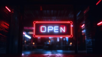 Poster - A neon sign that says open in a dark room. Suitable for business or nightlife concepts