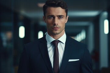 Poster - A man in a formal suit and tie standing in a hallway. Ideal for business and office related concepts