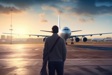 Wall Mural - A man standing in front of an airplane on a runway. Suitable for travel and aviation concepts