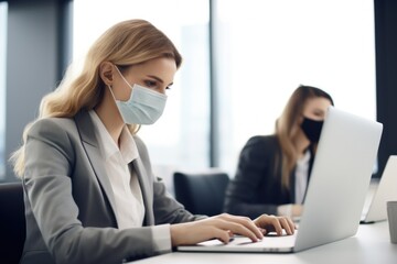 Poster - A woman wearing a face mask working on a laptop, suitable for health and technology concepts