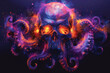 A frightening neon human skull with octopus tentacles in neon color highlighted on a black background.