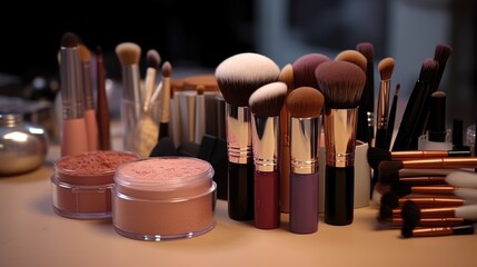 Canvas Print - Collection of makeup brushes on a table, ideal for beauty and cosmetics concepts